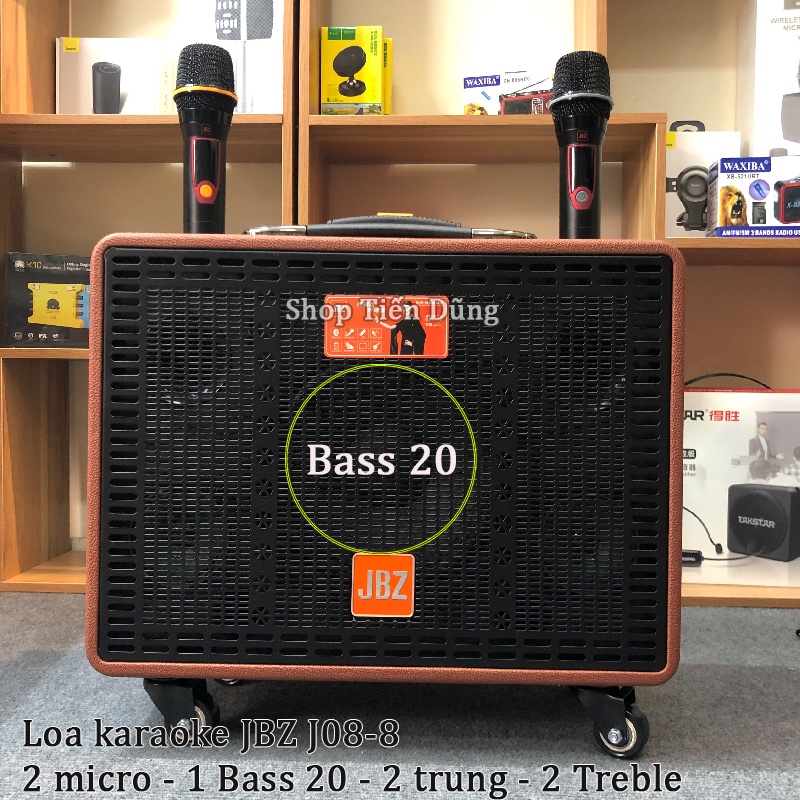 Loa kéo karaoke JBZ J08-8 dòng 1 Bass 20 với 2 Trung và 2 Treble- Loa sách tay J08 kèm 2 micro không dây hỗ trợ cổng mic
