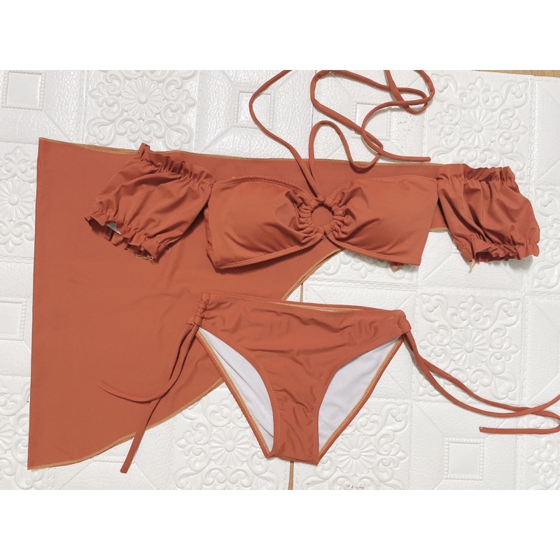 Bikini sét 3 món áo tay nhún quần xịt luồng dây