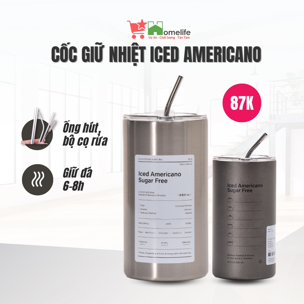 Cốc Giữ Nhiệt Iced Americano Dung Tích 600ML Kèm Ống Hút, Giữ Đá Lâu 6-8 Tiếng - Cốc Uống Nước, Cafe Giữ Nhiệt Cao Cấp