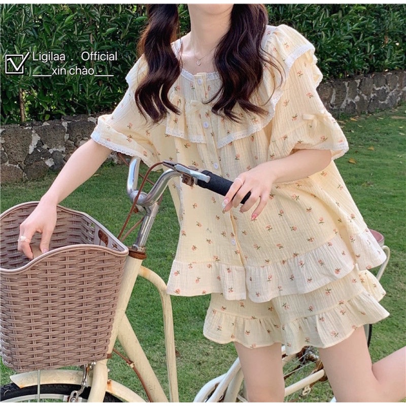 Bộ ngủ phong cách vintage siêu đáng yêu cute chất liệu vải thái mặc siêu mát mà thoả mái bộ ngủ nữ LIGILAA A044