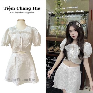 (Video, Ảnh thật) SET ÁO GẤM XỐP NƠ NGỰC + CHÂN VÁY TRẮNG| Váy đi tiệc đi chơi du lịch sinh nhật kỉ yếu | Tiệm Chang Hie