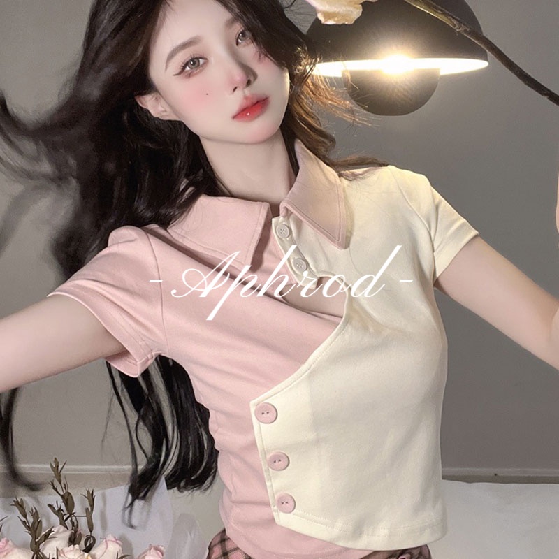 Áo polo Tay Ngắn In Hình Trái Tim Khoét Lỗ Thời Trang Cho Nữ