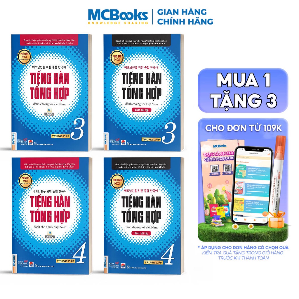 Sách - Combo Tiếng Hàn tổng Hợp Trung cấp 3 và 4 (Bản Màu + SBT) Tặng Sách Tự học  - MCB
