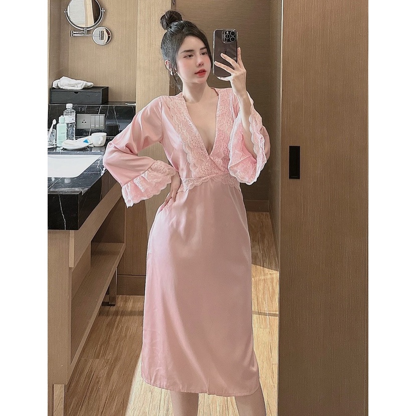 Váy ngủ tiểu thư tay Loe Phối Ren Sexy Lụa Latin  Cưng muốn xỉu luôn Freesize