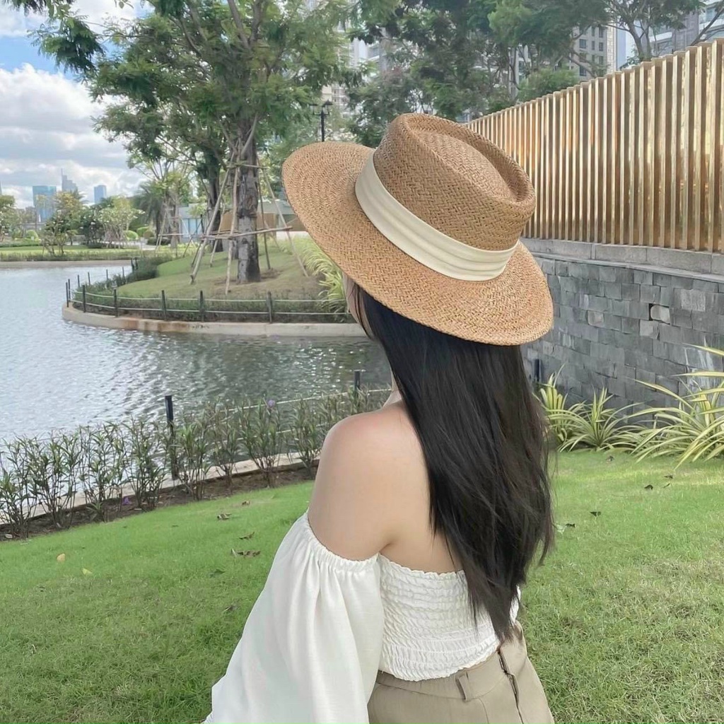 Mũ cói đi biển panama vintage nơ ruy băng xếp li dễ thương