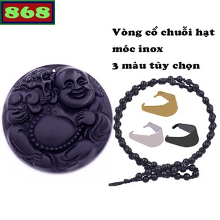 Mặt Phật Di lặc đá đen size lớn kèm vòng cổ dây chuỗi hạt đá đen, Phật cười, Phật Di lặt