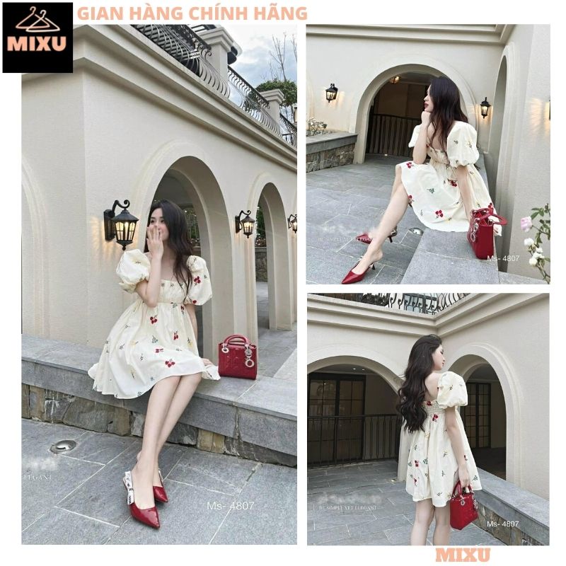 Váy babydoll cổ vuông tay bồng họa tiết cherry, Đầm suông bánh bèo thời trang Hàn Quốc cho phái đẹp siêu xinh - MIXU