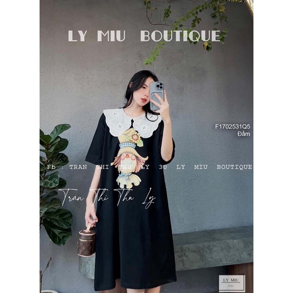 Đầm thun dáng suông in chú hề cổ phối ren QC!tôn dáng transstore