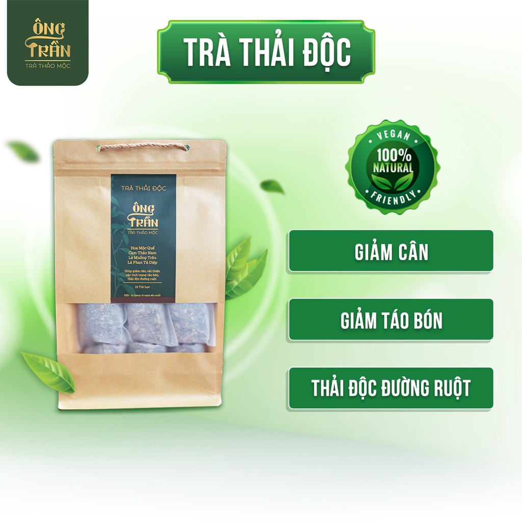 Trà thải độc, giúp nhuận tràng, giảm táo bón, hỗ trợ giảm cân, Thảo Mộc Ông Trần, trà túi lọc (15 túi lọc x 10 gram)