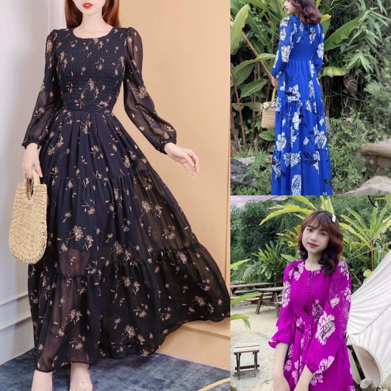 (35-65kg)Đầm maxi tay dài bo chun hoa nhí