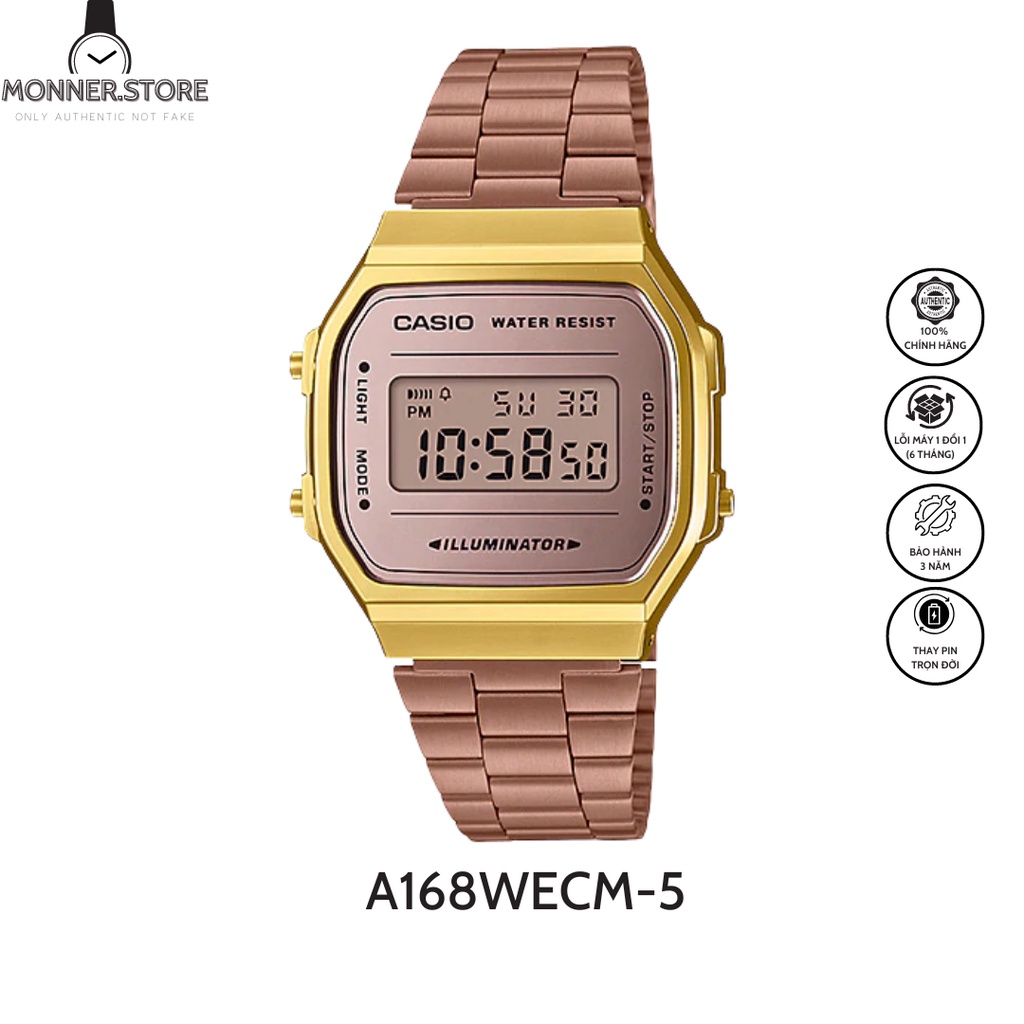 Đồng Hồ Quartz Unisex Casio MONNER STORE A168WECM-5DF Thiết Kế Mặt Kính Vuông 36.5mm, Dây Đeo Kim Loại Và Vỏ Nhựa