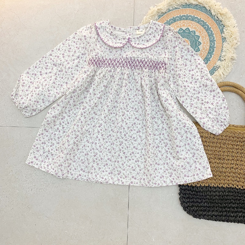 Váy Đầm Cổ Sen Cho Bé Gái Phong Cách Vintage Hoa Nhí Cotton Mềm Mại - Mã 712