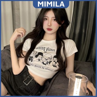 Áo Croptop Hè MIMILA Tay Ngắn Chất Liệu Thun Mỏng Mát Phối Họa Tiết Cá Tính - MA108