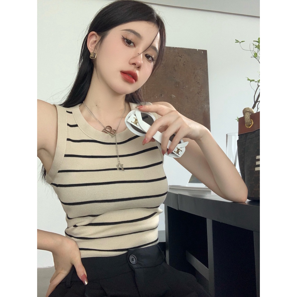 QADCOL Áo Dệt Kim Hai Dây Dáng Ôm Họa Tiết Kẻ Sọc Thời Trang Mùa Hè Cho Nữ