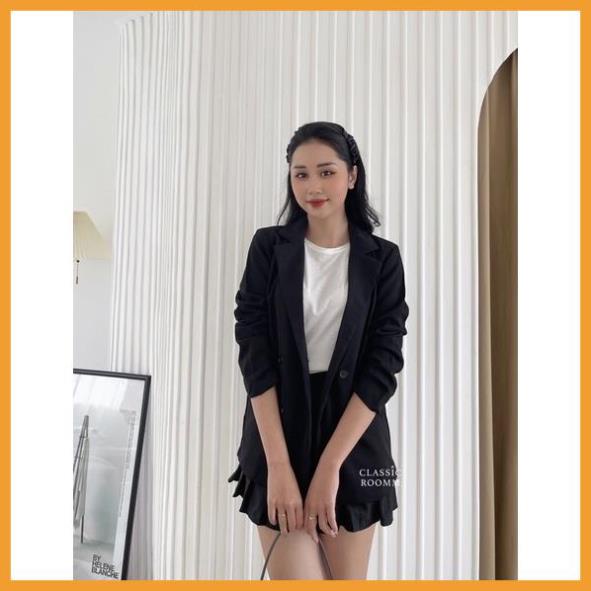 Áo blazer nữ Hàn Quốc áo vest dài tay có túi 2 bên màu đen màu nâu tây có cúc cài, dày 2 lớp
