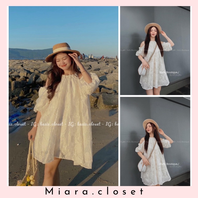 Váy xuông hở vai Cổ yếm tay bồng tiểu thư hàng lót 2lớp