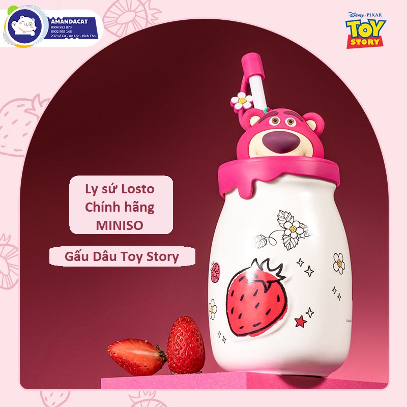 [Hàng sẵn] Ly Sứ Gấu Dâu Lot.sô MI.NISÔ Chính Hãng, Cốc sứ Gấu Dâu ToyS.tory, Quà tặng kèm nắp và ống hút LOTSO đáng yêu