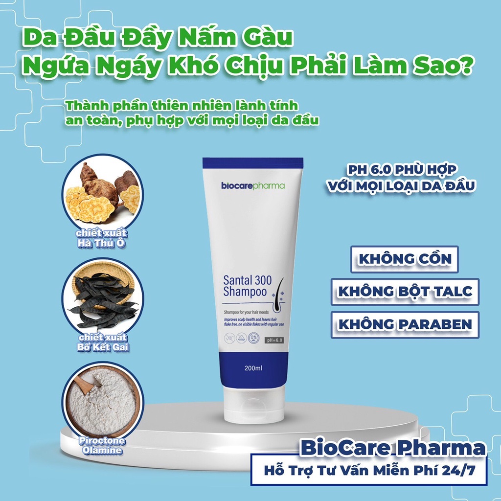 Dầu gội dược liệu BIO CARE PHARMA Santal 300 Shampoo 200ml - Giảm gàu, nấm ngứa da đầu