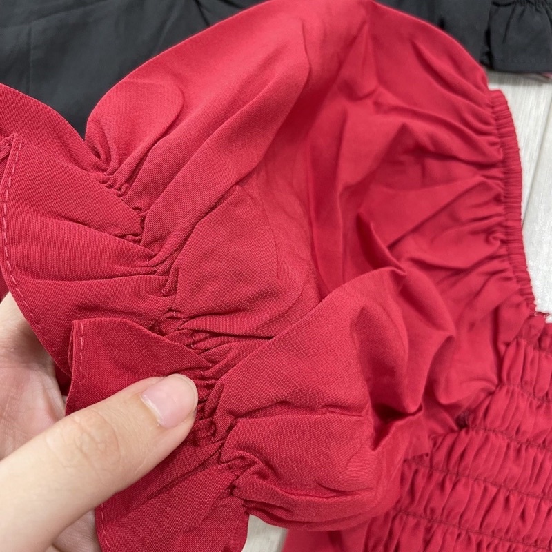 Áo Voan Croptop kiểu xoè nhún lưng nơ rút ngực tay phồng