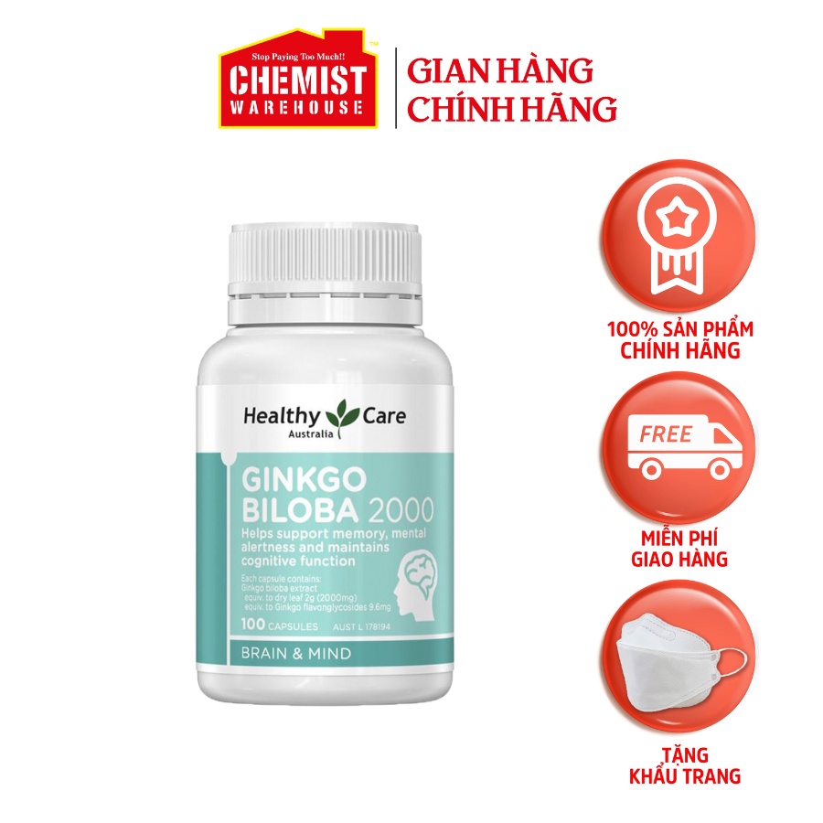 Viên uống Bổ não Healthy Care Ginkgo Biloba 2000mg hỗ trợ tăng cường trí nhớ, giảm đau đầu và tiền đình của Úc