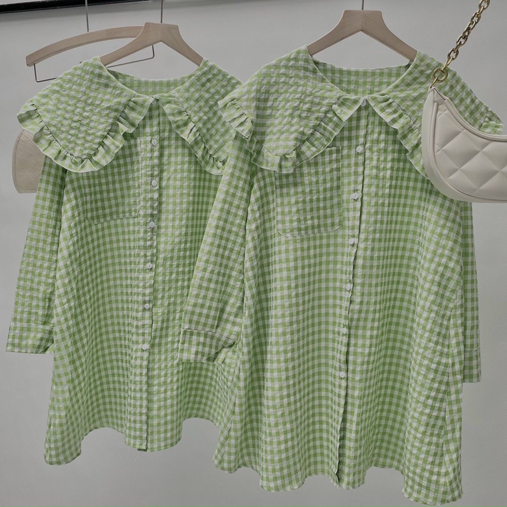 Đầm caro xanh cổ sen siêu hot