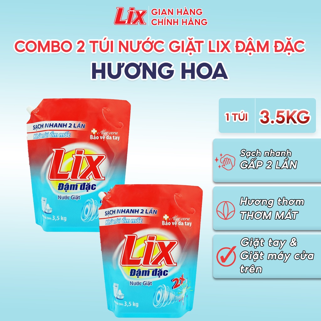 Combo 2 Túi nước giặt Lix đậm đặc hương hoa túi 3.5kg làm sạch cực nhanh vết bẩn 2C-NG350