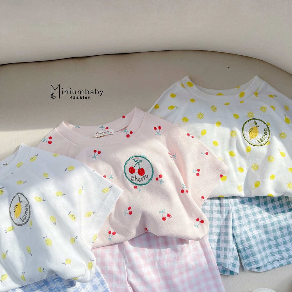 Bộ cộc tay mặc mùa hè cho bé Miniumbaby 100% cotton, set trẻ em họa tiết quả chanh quần kẻ sọc-SB1375