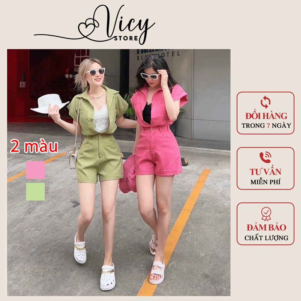 Set đồ nữ đi chơi 2 món áo kaki tay ngắn kèm quần short, set bộ năng động cá tính Vicy SBKK001