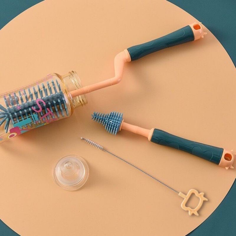 Cọ rửa ống hút bình sữa, dây hơi, núm ti mini có cán cầm hình bò