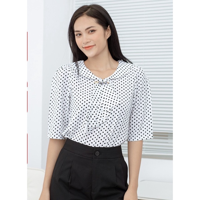 Áo sơ mi kiểu Eden cổ sen chấm bi tay lỡ tặng kèm phụ kiện - ASM173 size M