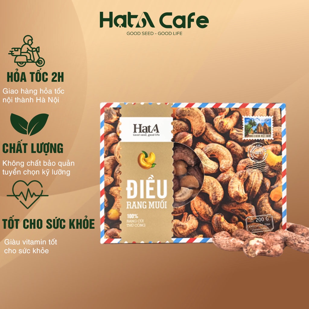 Hạt điều rang muối vỏ lụa Hạt A Cafe rang củi thủ công nguyên vị hộp 200gr