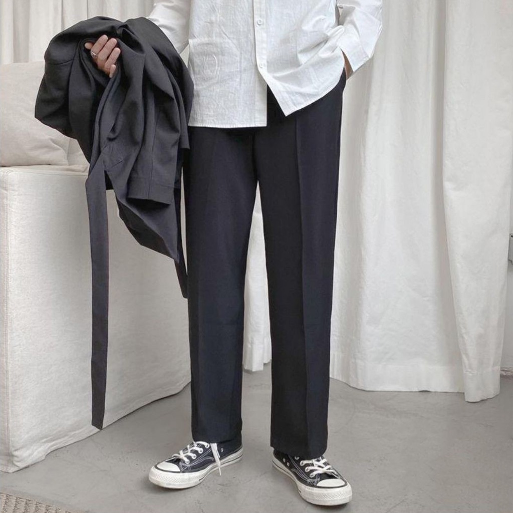 Quần Dài Nam Đen Trơn Dáng Vừa Ống Côn Chất Mịn Đẹp Vintage Co Giãn 4 Chiều Thông Hơi Thoáng Khí