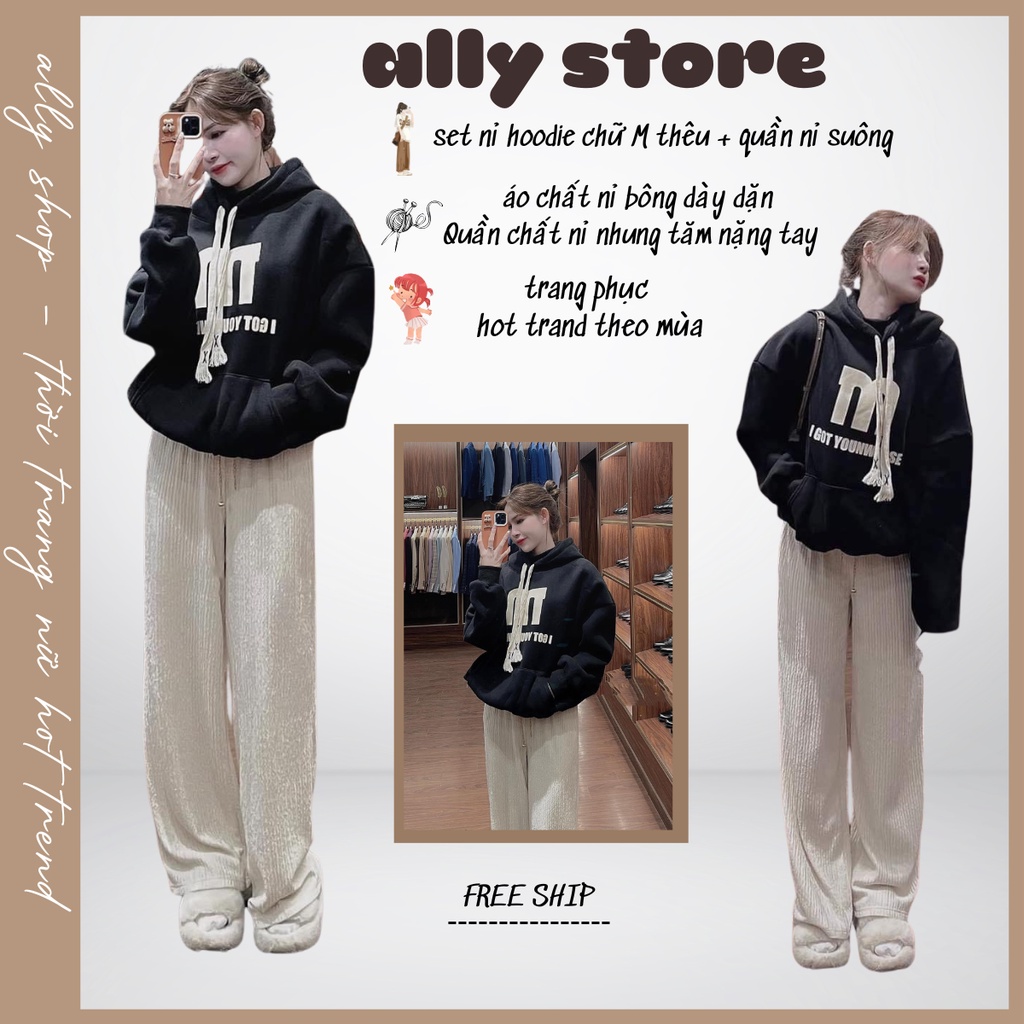 Set nỉ Hoodie chữ M mix quần suông nhung tăm Hot trend mùa đông 2023, đường viền may cẩn thận - mặt chữ thêu chắc chắn.