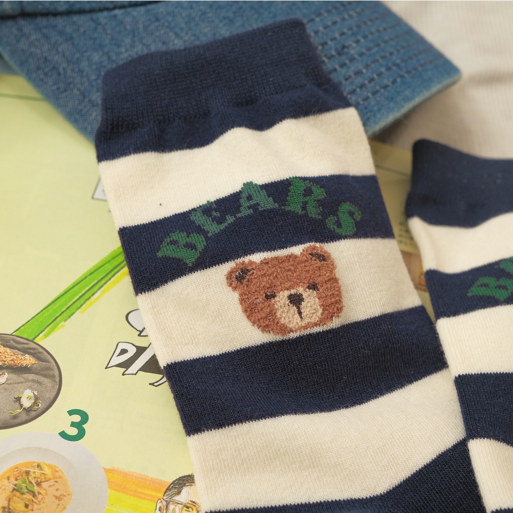 TEDDY BOY CLUB - Tất vớ cao cổ nam kẻ ngang hình gấu nâu xù bông, nhập khẩu Hàn Quốc