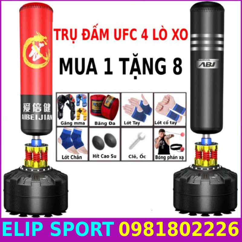 Trụ đấm bốc boxing 4 lò xo cao cấp tặng full combo 7 món quà bao gồm găng tay + băng đa + lót tay chân + bóng phản xạ
