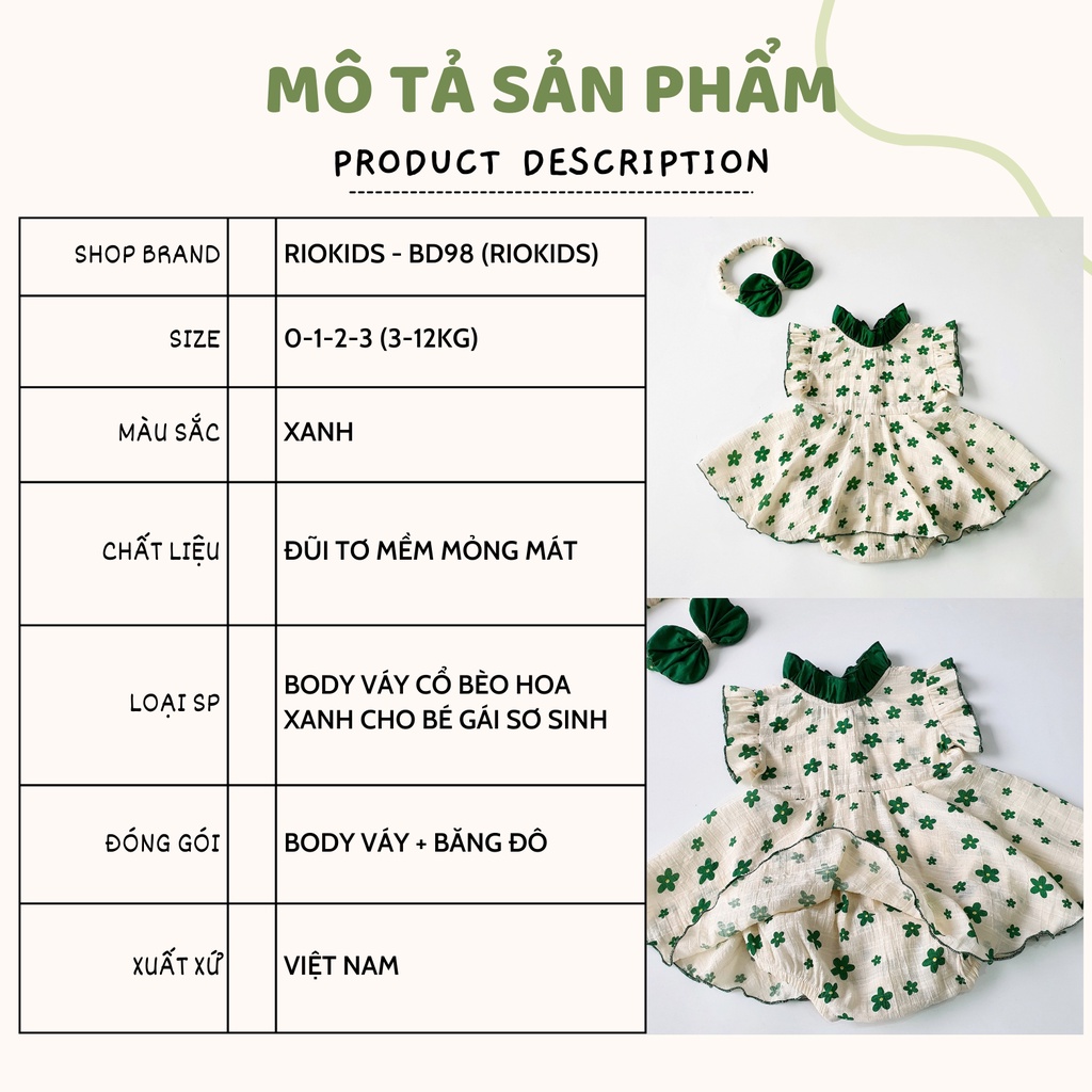 Body váy hoa nhí xanh cho bé gái sơ sinh tặng kèm turban nơ đi chơi, đi tiệc  - Riokids BD98