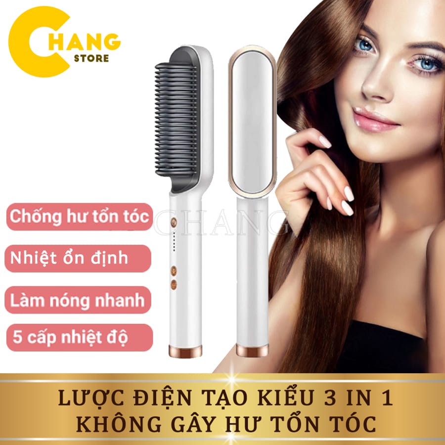Lược Điện Chải Tóc Tạo Kiểu 3In1 - Lược Điện Kiêm Kiêm Máy Uốn Duỗi Ép Tóc Đa Năng Không Gây Hư Tổn