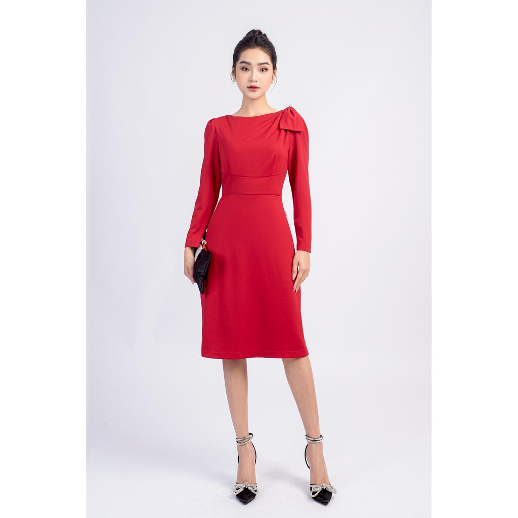 Đầm dáng A, dài tay đính nơ TT MMOutfit DA0722523