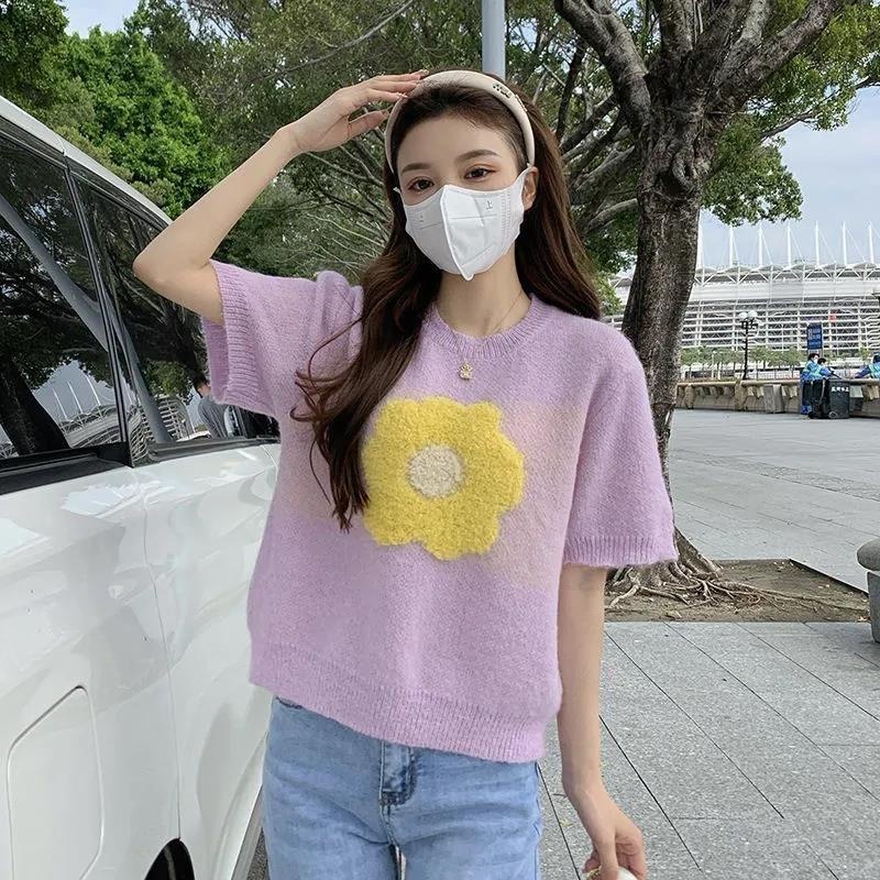 Áo sweater ngắn tay cổ tròn thêu hoa phong cách Hàn Quốc | BigBuy360 - bigbuy360.vn