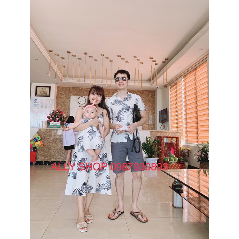 Combo áo sơ mi & váy đũi mặc đổi, team building, đi du lịch biển Only Shop họa tiết lá cọ nền trắng
