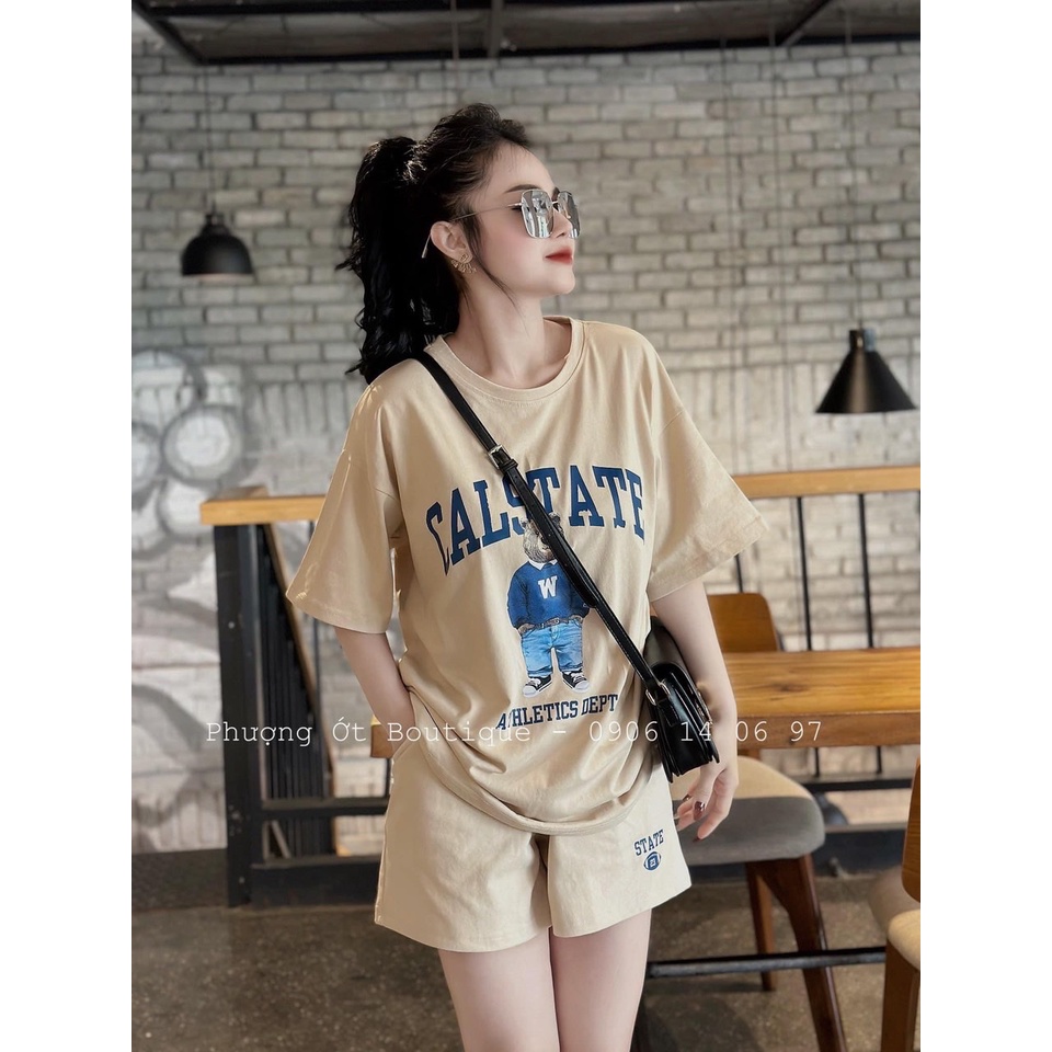 Set Thể Thao Cộc Tay 3158 Thêu Gấu Hình Chất Cotton Khô Bộ Đùi Nam Nữ Dáng Rộng Unisex Uxlang