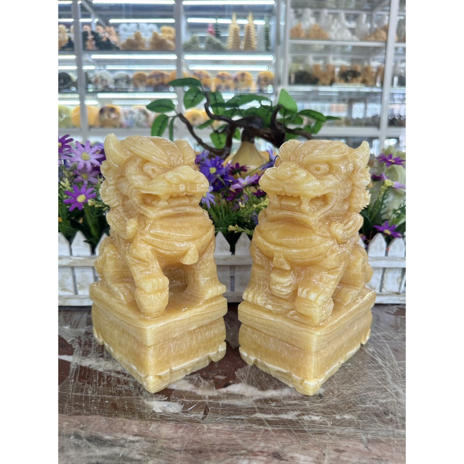 Cặp tượng Kỳ Lân phong thủy đá ngọc Hoàng Long - Cao 20 cm