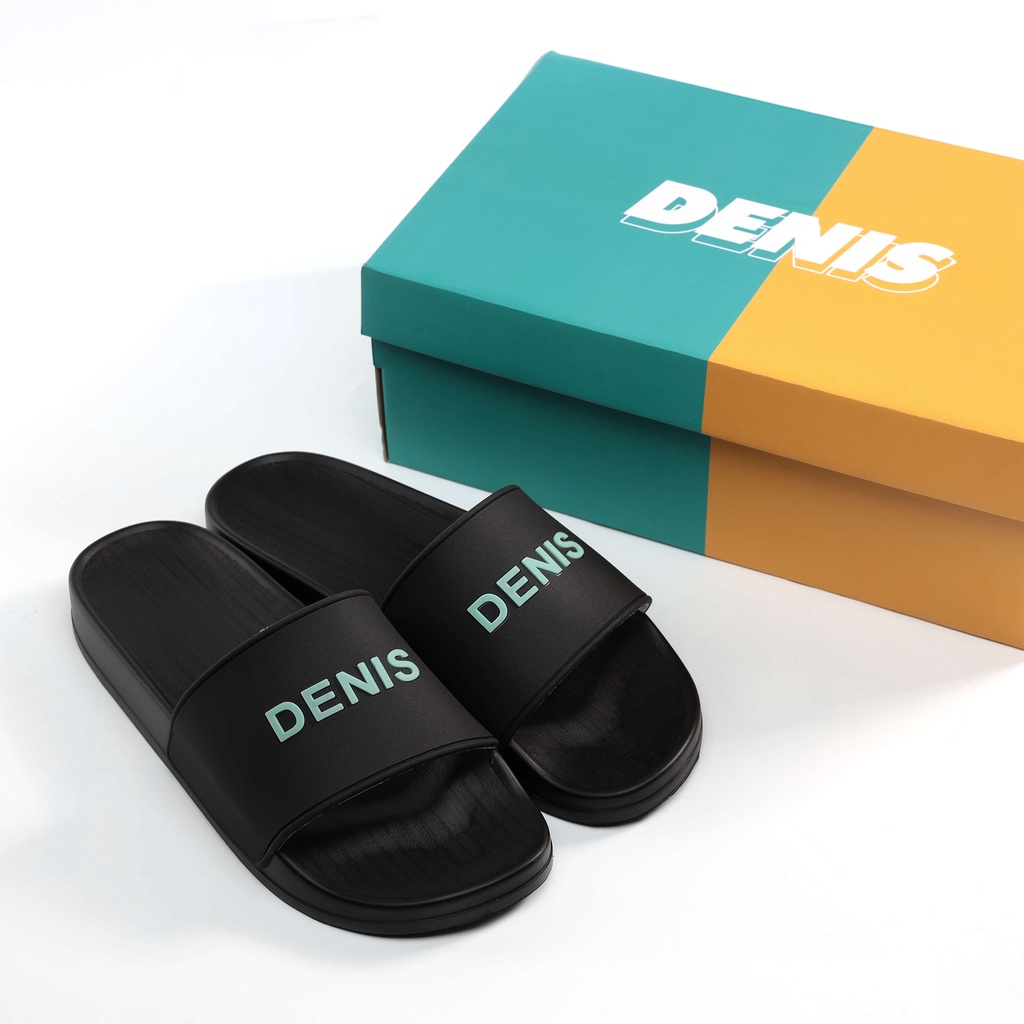 Dép quai ngang Denis DN12Unisex Slipper màu đen chữ xanh Ngoài trời