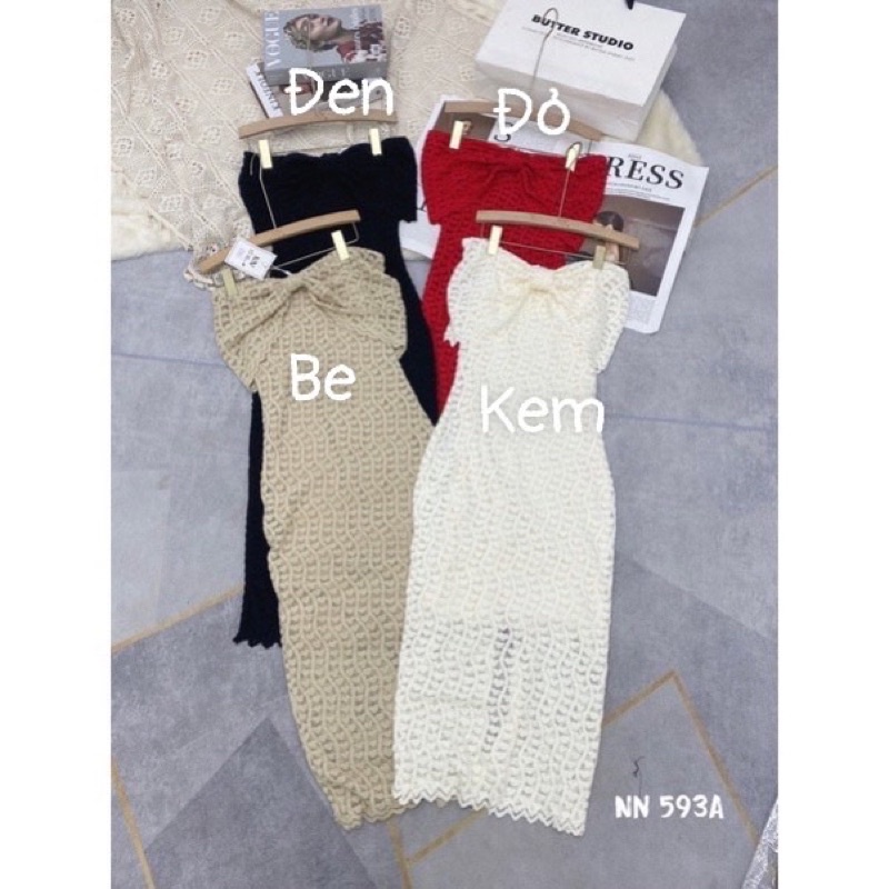 Váy body ren nhung trễ vai nơ ngực dáng dài siêu xinh