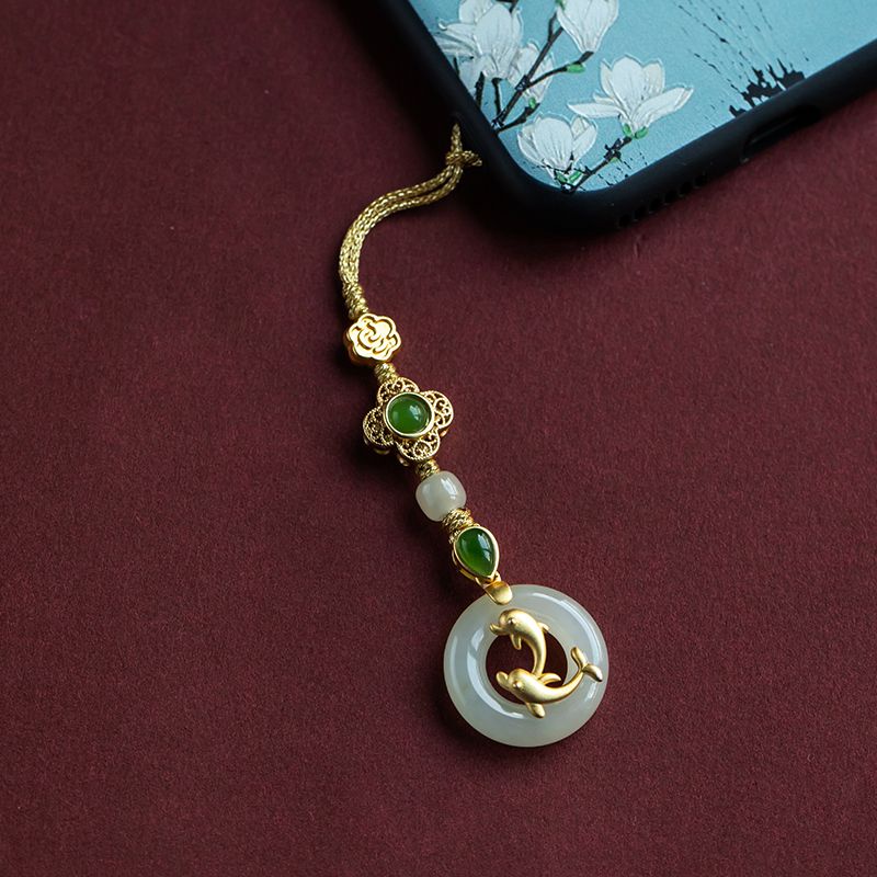 Hàng Có Sẵn Mặt Dây Chuyền Điện Thoại Di Động Bằng Bạc Sterling Cao Cấp Hình Cá Heo Vàng Hetian Có Khóa An Toàn F