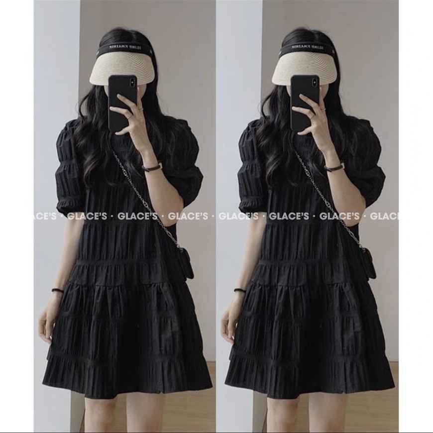 Váy đuôi cá GLACE Váy đầm suông babydoll dáng ngắn tay phồng chất liệu xốp nhăn dập ly kiểu dáng nữ tính thanh lịch | BigBuy360 - bigbuy360.vn