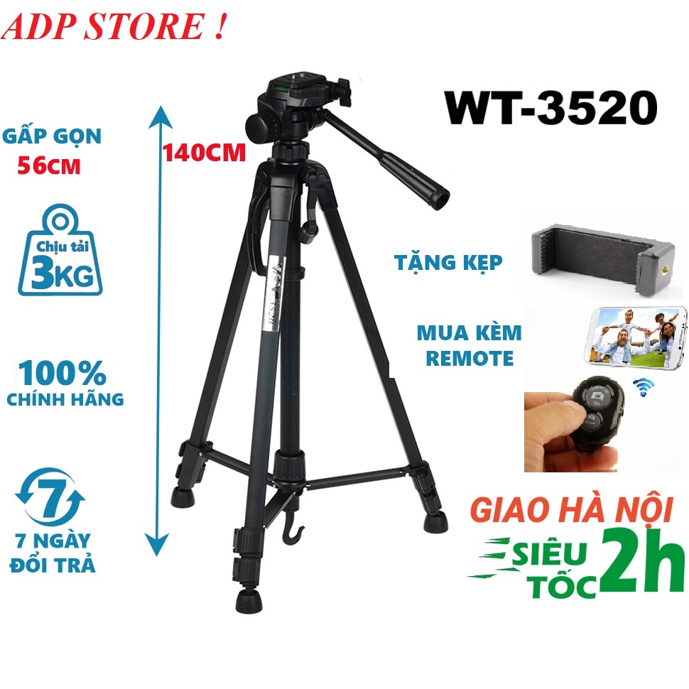 Chân máy ảnh, máy quay,Tripod WT- 3520 \ W3366 khung nhôm cao cấp, chắc chắn cao 1m40,tặng kèm kẹp điện thoại