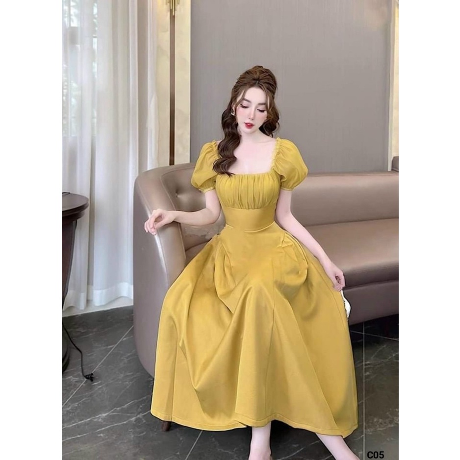 Đầm maxi dáng dài, đầm nữ đi chơi xinh xắn vơi thiết kế dễ thương ôm eo cổ vuông tay phồng cực đẹp