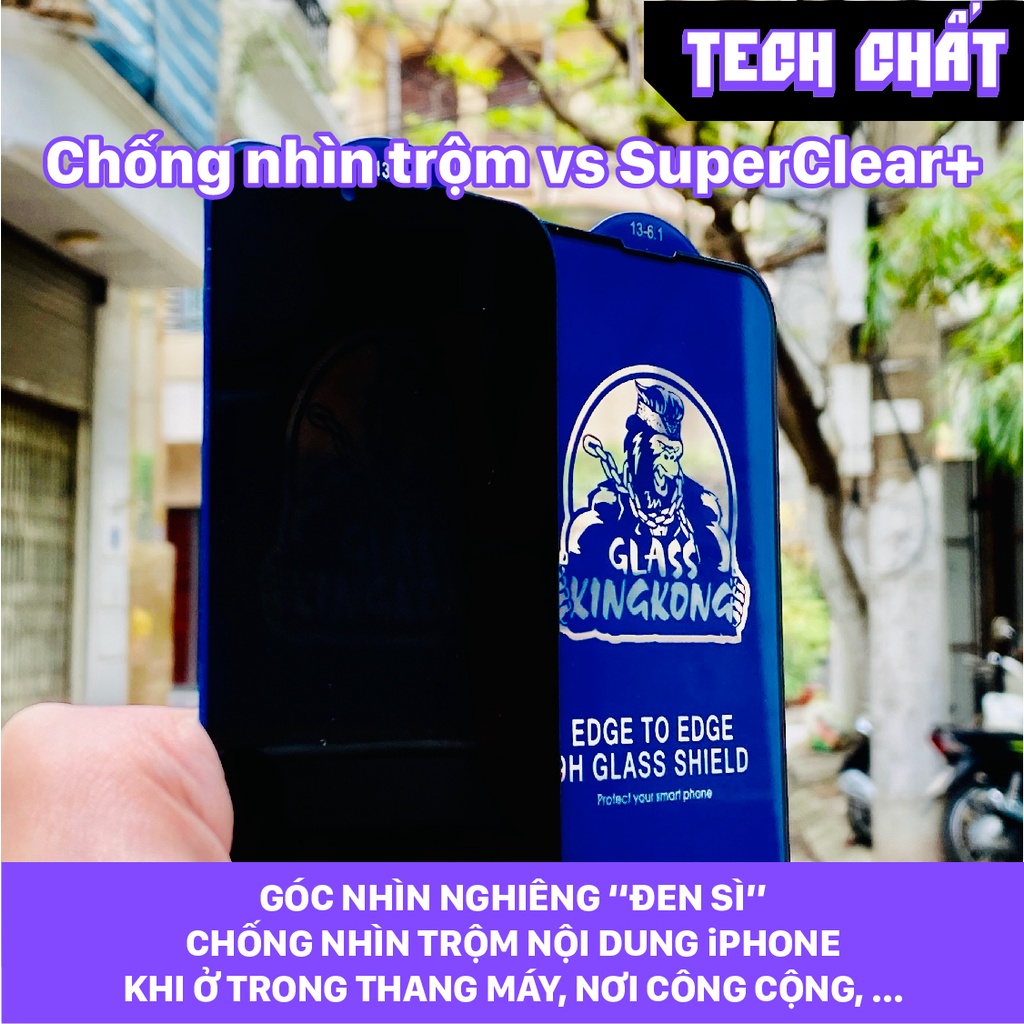 Kính Cường lực CHỐNG NHÌN TRỘM KingKong có khung tự dán cho iphone 6 7 8 se x xr xs 11 12 13 14 plus pro max tech chất