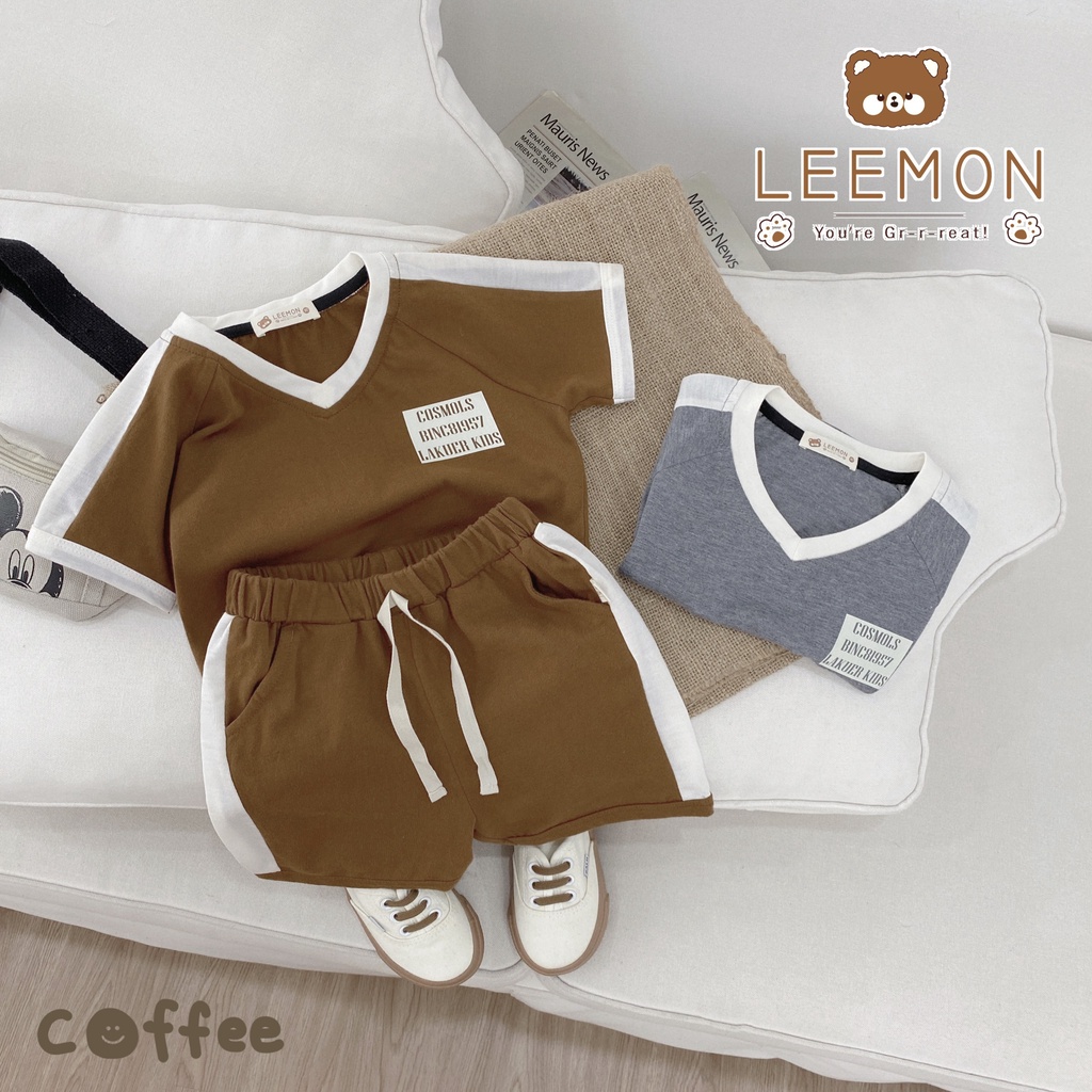 Bộ cotton cổ tim phối vai cộc tay Leemon cho bé trai
